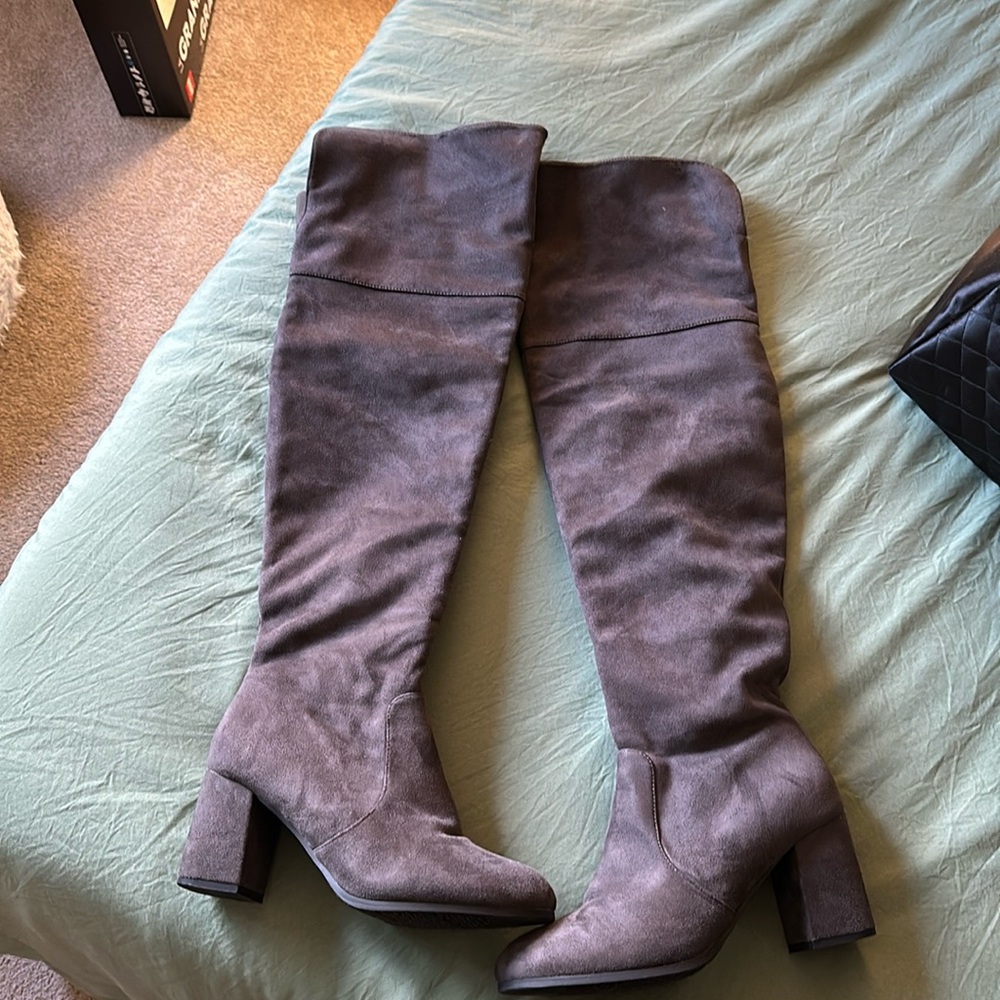 Thigh high gray faux suade heeled boots